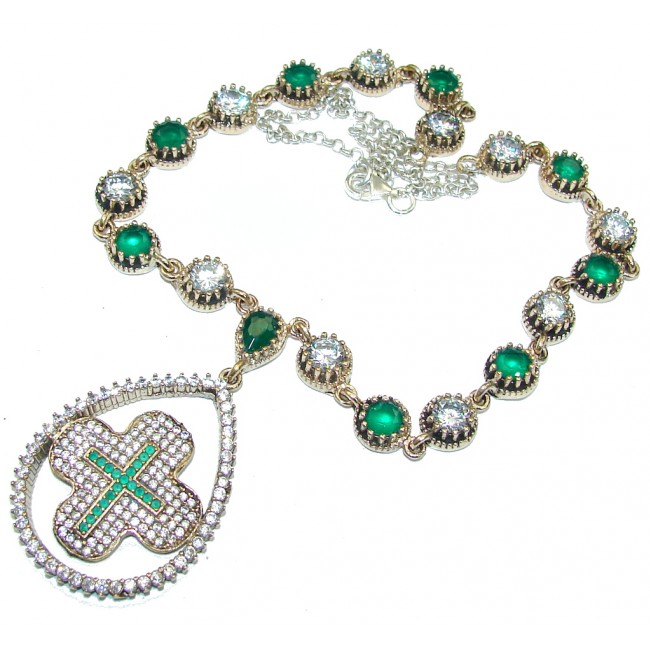Victorian Style! Green Emerald & White Topaz Sterling Silver necklace