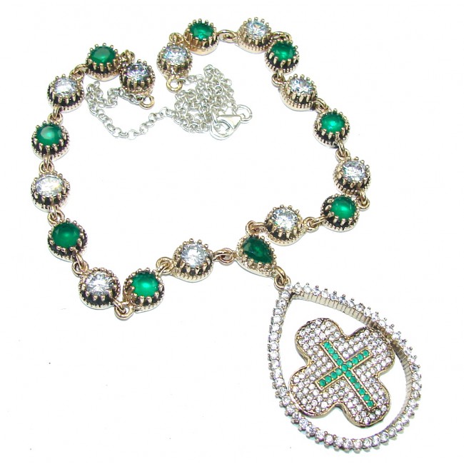 Victorian Style! Green Emerald & White Topaz Sterling Silver necklace