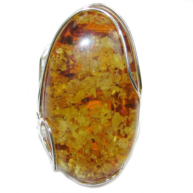 Large!! Natural AAA Polish Amber Sterling Silver Ring s. 9 - adjustable