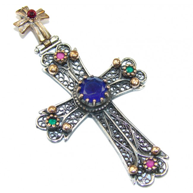 Pure In Heart! Blue Sapphire, Pink Ruby Sterling Silver Pendant / Cross
