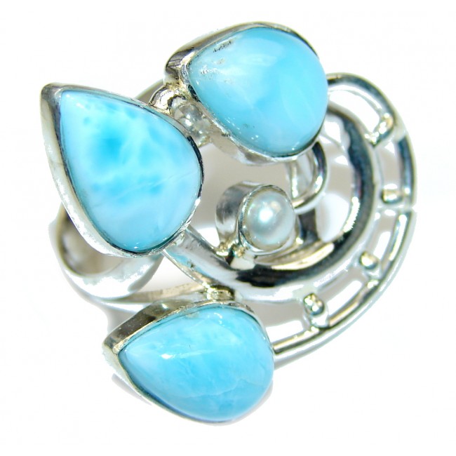 Delicate AAA Blue Larimar & Fresh Water Pearl Sterling Silver Ring s. 7 1/2