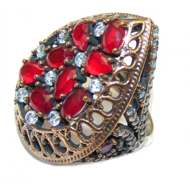 Victorian Style! Red Ruby & White Topaz Sterling Silver Ring s. 7