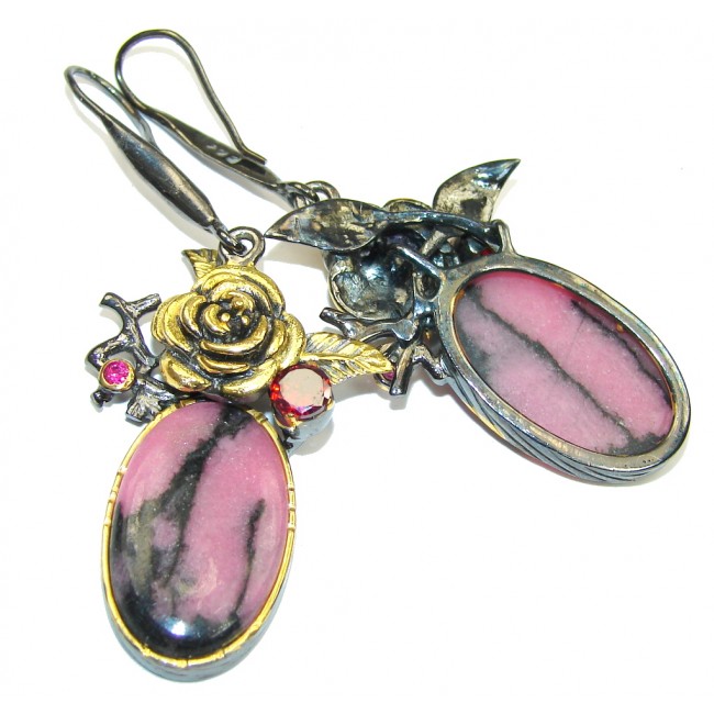 Beautiful! AAA Pink Rhodonite & Garnet, Gold Plated, Rhodium Plated Sterling Silver earrings / Long