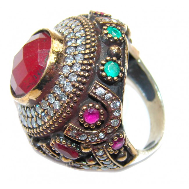 Victorian Style! Ruby & Emerald & White Topaz Sterling Silver Ring s. 9 1/4
