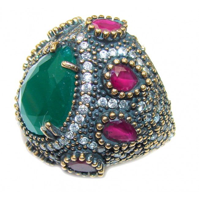 Victorian Style created Emerald & Ruby & White Topaz Sterling Silver Ring s. 7 1/4