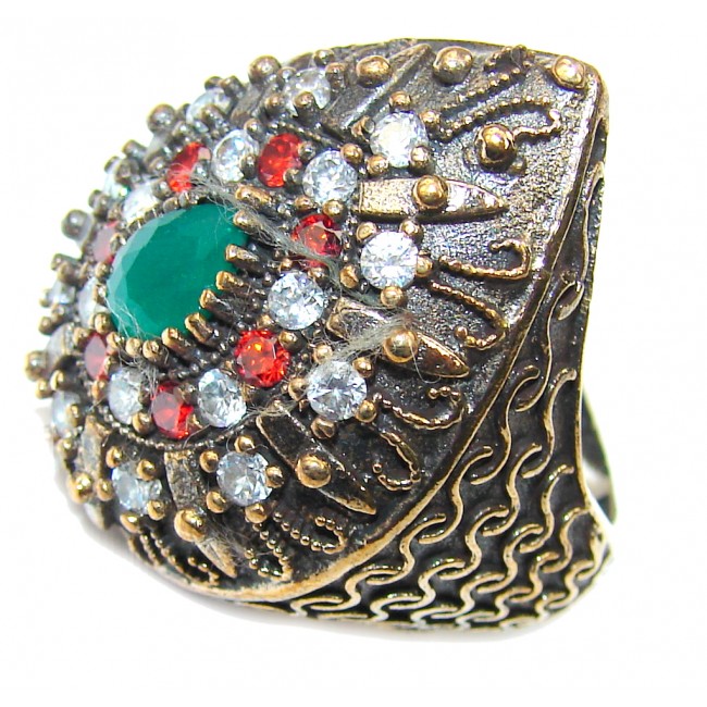 Victorian Style! Emerald & Garnet Quartz & White Topaz Sterling Silver Ring s. 7 1/4