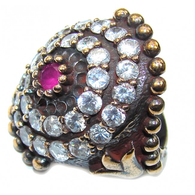 Victorian Style! Pink Ruby & White Topaz Sterling Silver Ring s. 6 1/2
