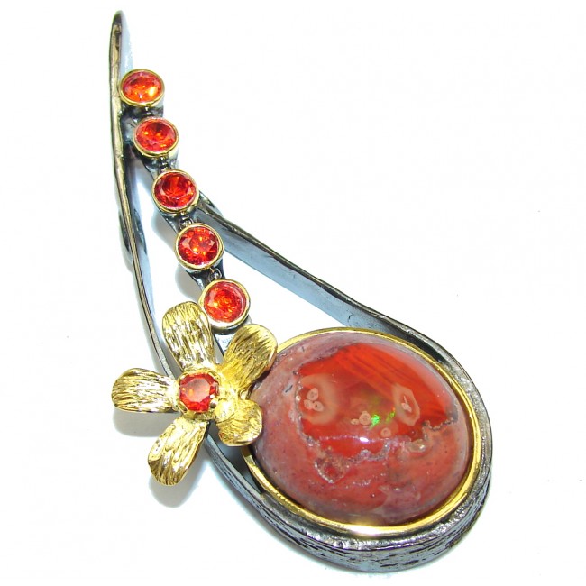 New Fashion Design! Mexican Fire Opal, Gold Plated, Rhodium Plated Sterling Silver Pendant