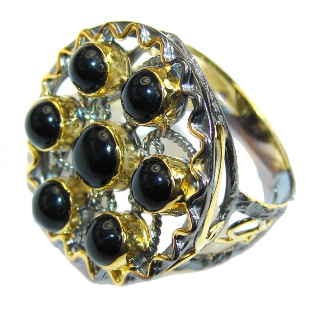 Secret Beauty! Black Onyx, Gold Plated, Rhodium Plated Sterling Silver Ring s. 9