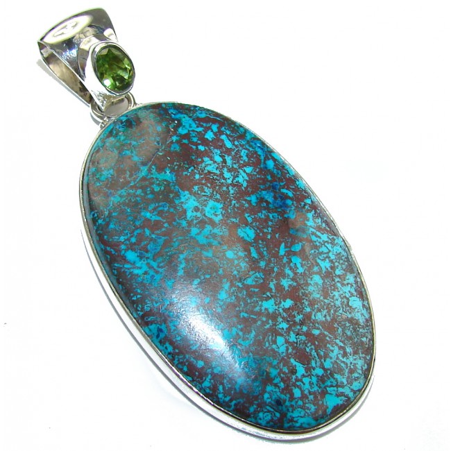 Excellent Blue Azurite & Peridot Sterling Silver Pendant