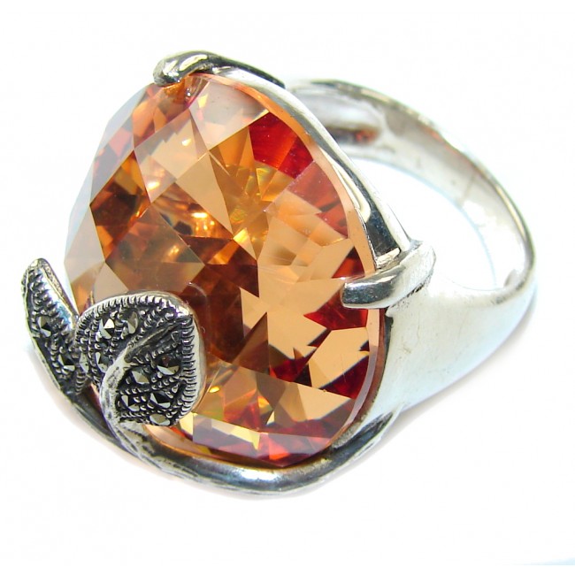 Amazing AAA Golden Topaz Quartz & Marcasite Sterling Silver ring s. 7 1/2