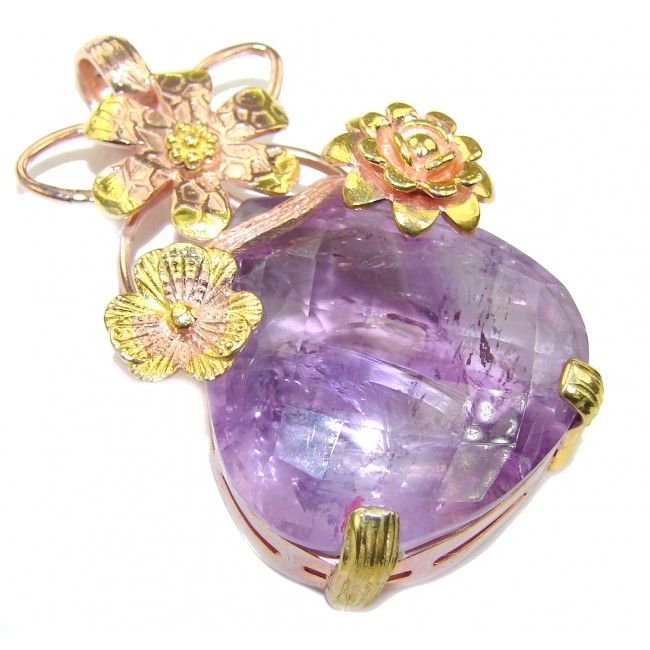 Natural AAA Purple Amethyst, Rose & Gold Plated Sterling Silver Pendant