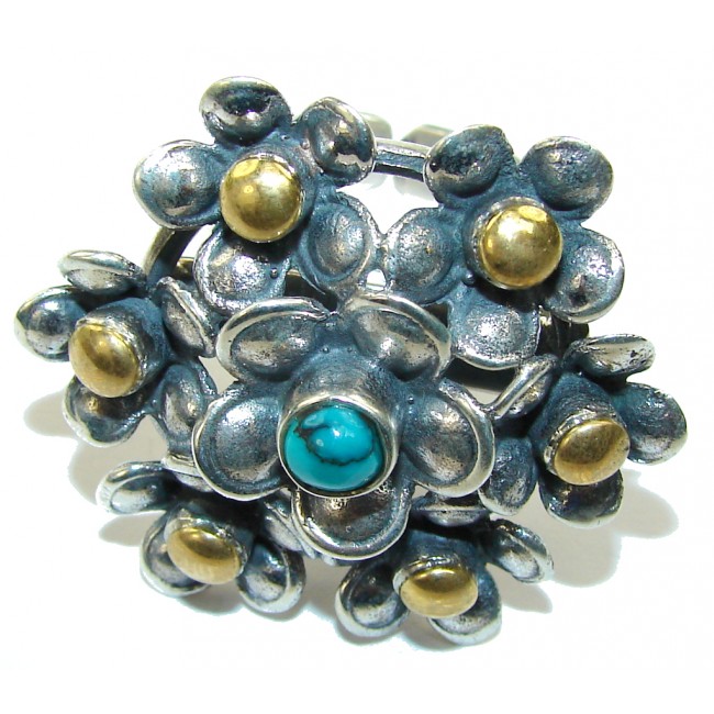 Big! Floral Design! Blue Turquoise , Copper Sterling Silver Ring s. 8- adjustable