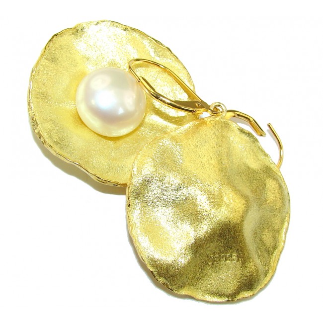 New!! Fabulous Design! White Fresh Water Pearl, Gold Plated Sterling Silver Earrings