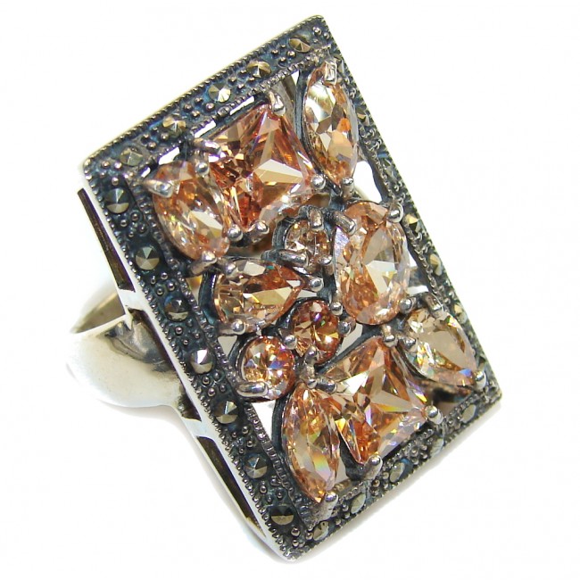 Amazing AAA Golden Topaz Quartz & Marcasite Sterling Silver ring s. 6