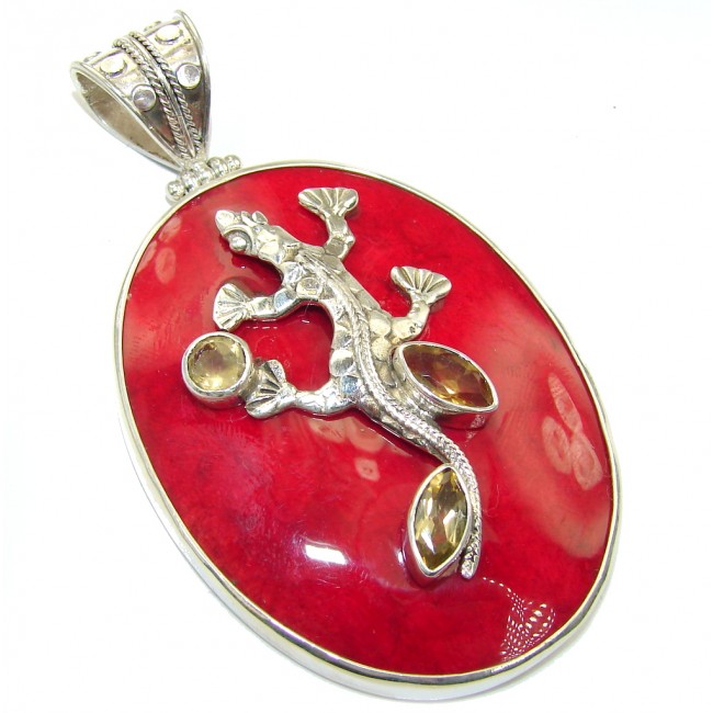 Lizard Stylish Red Fossilized Coral Sterling Silver pendant