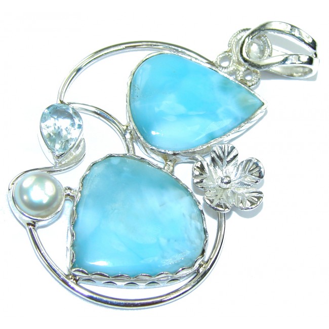 Tropical Glow! AAA Blue Larimar & Fresh Water Pearl & Swiss Blue Topaz Sterling Silver Pendant