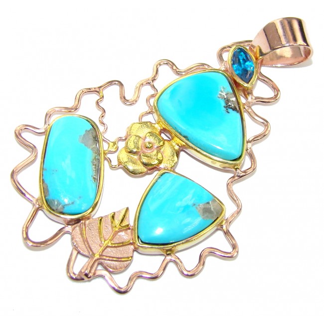 Sleeping Beauty AAA Blue Turquoise Rose Gold Plated Sterling Silver Pendant