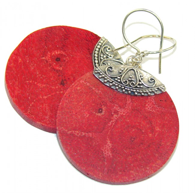 Simple Beauty! Red Fossilized Coral Sterling Silver earrings