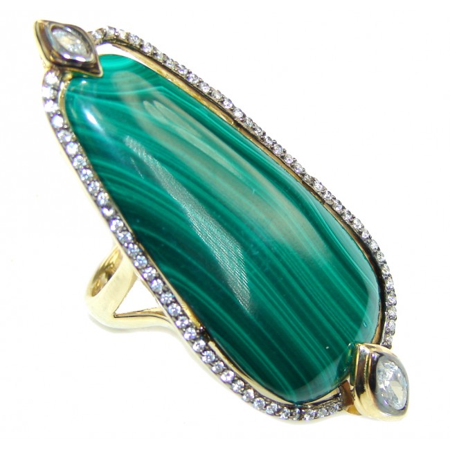 Beautiful AAA Green Malachite & White Topaz, Gold PLated Sterling Silver ring s. 6 1/2