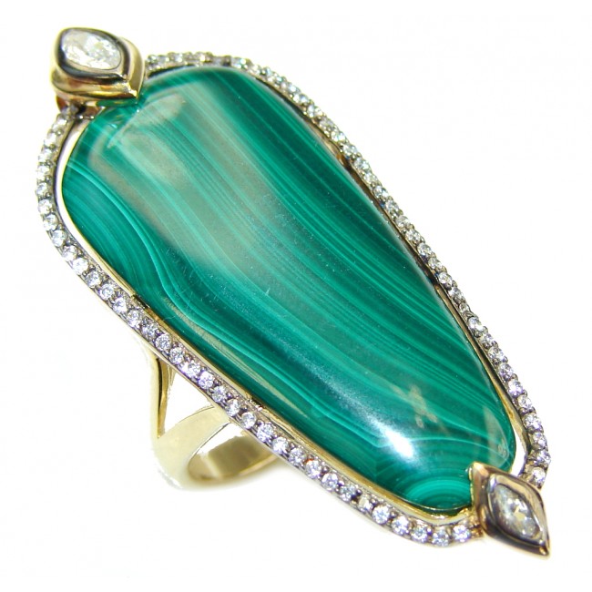 Beautiful AAA Green Malachite & White Topaz, Gold PLated Sterling Silver ring s. 6 1/2