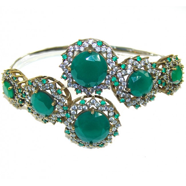 Victorian Style! Green Agate & Emerald Sterling Silver Bracelet