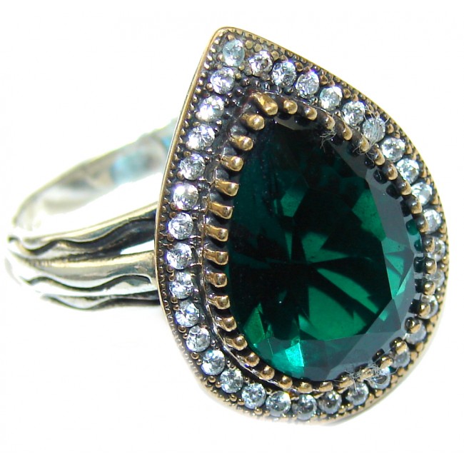 Victorian Style! Created Green Emerald Sterling Silver Ring s. 8 1/2