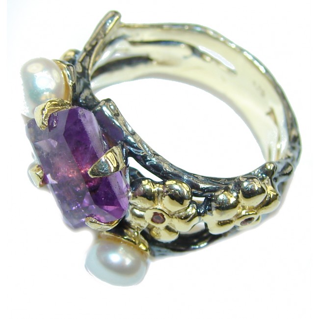 Floral Design! Amethyst & Fresh Water Pearl, Gold Plated, Rhodium Plated Sterling Silver Ring s. 9