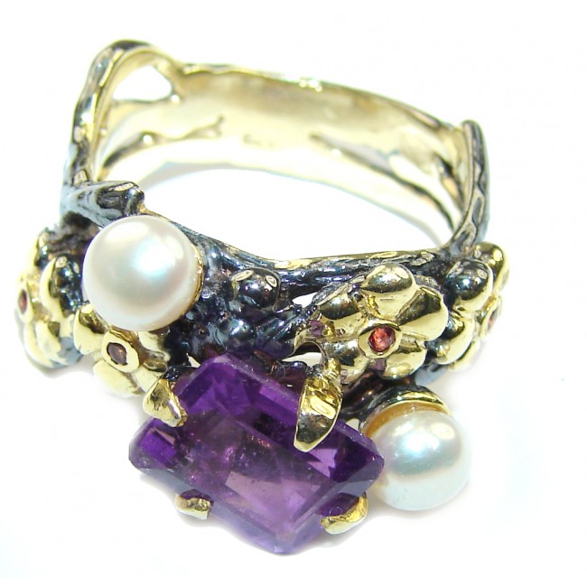 Floral Design! Amethyst & Fresh Water Pearl, Gold Plated, Rhodium Plated Sterling Silver Ring s. 9