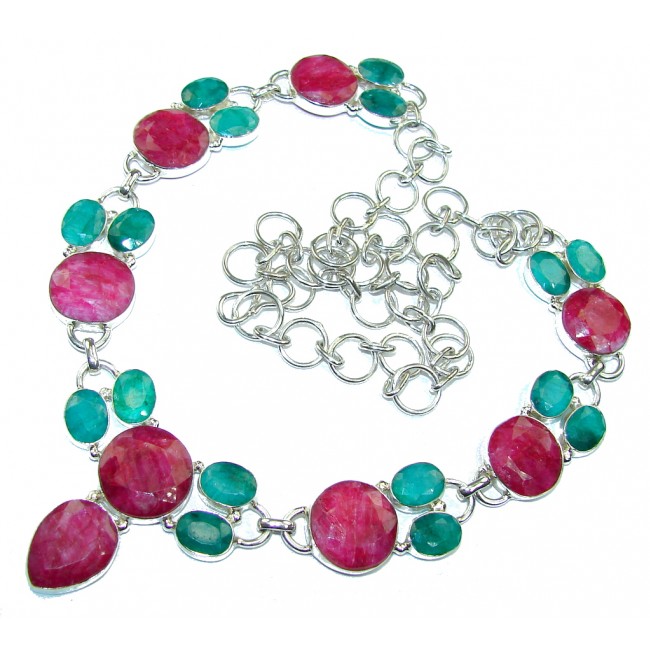 Aura Of Beauty! Green Emerald, Ruby Sterling Silver Necklace