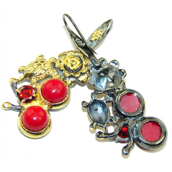 True Love AAA Red Coral & Garnet, Gold PLated, Rhodium Plated Sterling Silver earrings