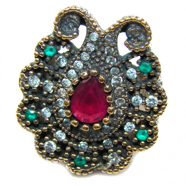 Victorian Style! Ruby & Emerald & White Topaz Sterling Silver Ring s. 6 1/4