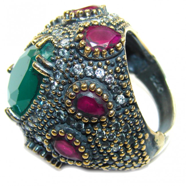 Big! Victorian Style! Ruby & Emerald & White Topaz Sterling Silver Ring s. 7 1/2