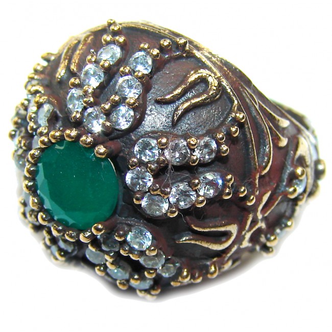 Victorian Style! Emerald & White Topaz Sterling Silver Ring s. 6
