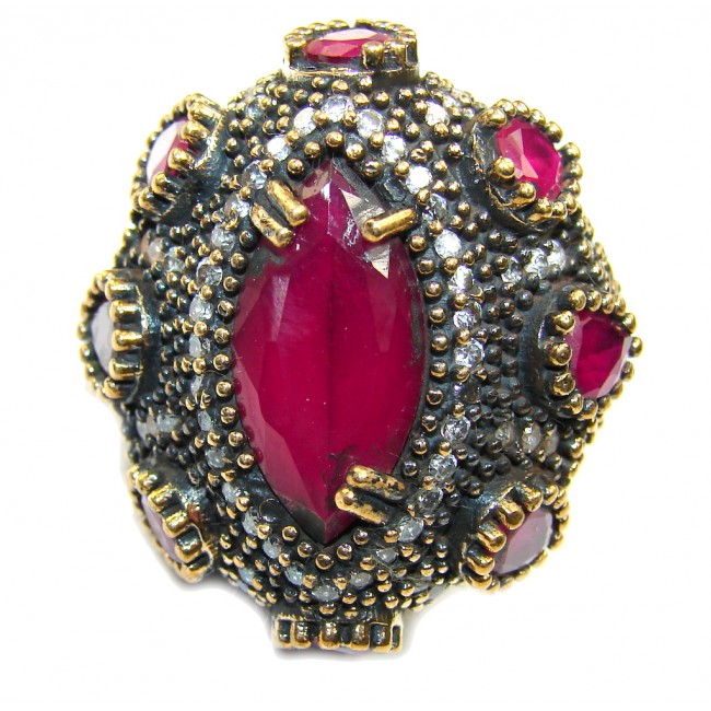 Large! Victorian Style! Ruby & White Topaz Sterling Silver Ring s. 7
