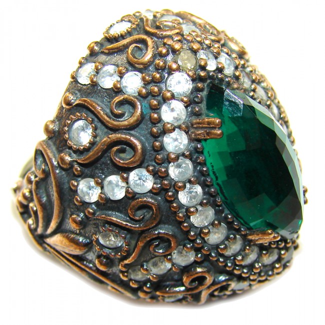 Large! Victorian Style! Emerald & White Topaz Sterling Silver Ring s. 10