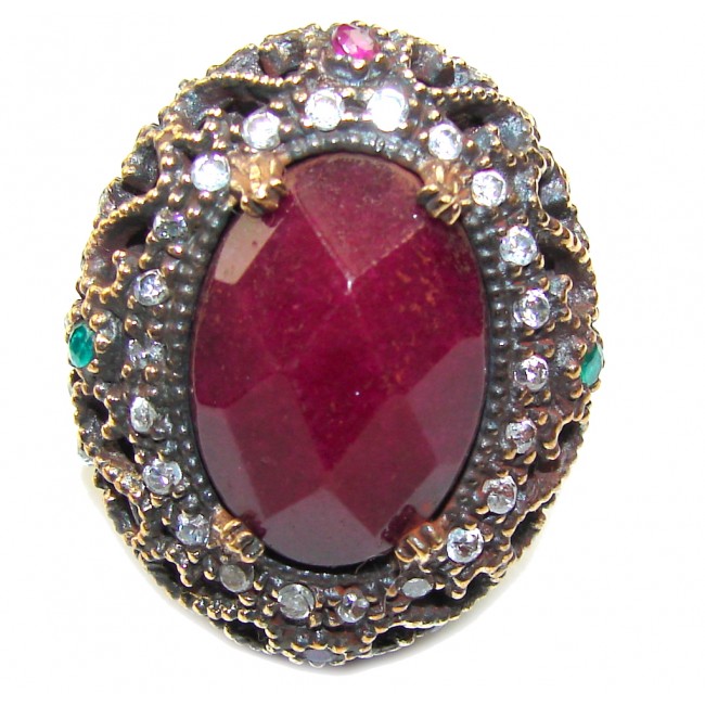 Big! Victorian Style! Red Ruby & Emerald & White Topaz Sterling Silver Ring s. 7 1/2