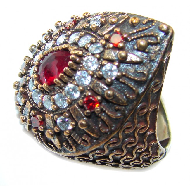 Victorian Style! Red Garnet & White Topaz Sterling Silver Ring s. 7 1/2