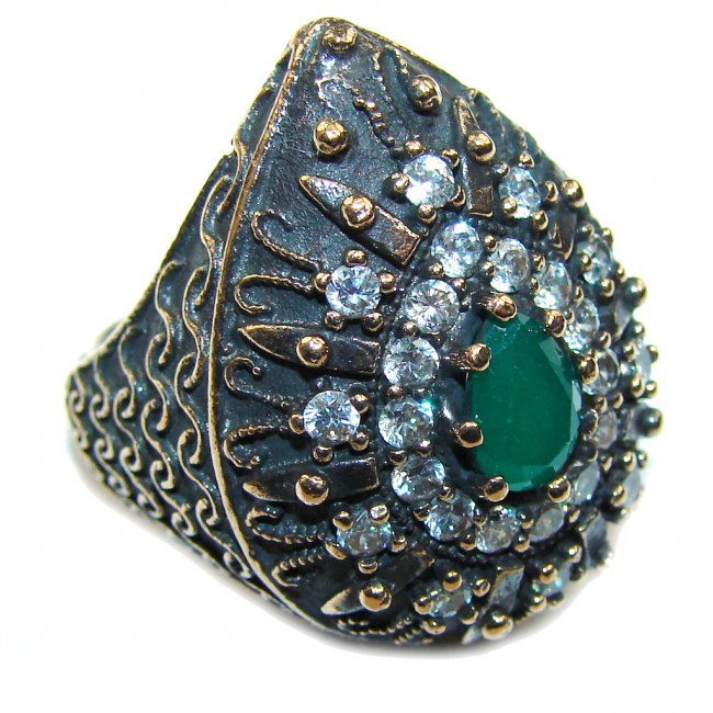 Victorian Style! Emerald & White Topaz Sterling Silver Ring s. 7