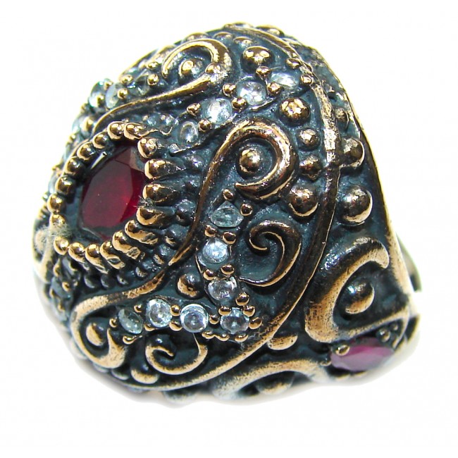 Victorian Style! Red Ruby & White Topaz Sterling Silver Ring s. 6 1/4