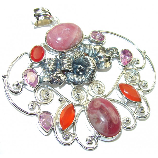 Flower Design! Pink Rhodochrosite Sterling Silver Pendant