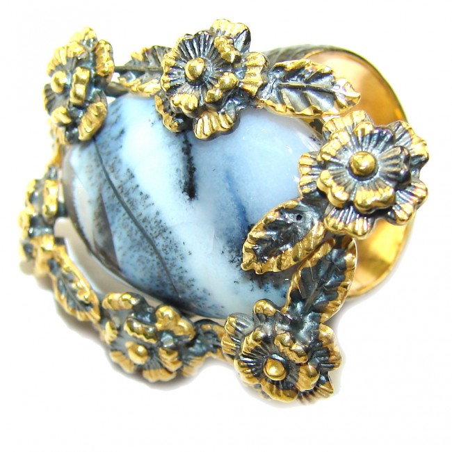 Secret AAA Dendritic Agate, Gold Plated, Rhodium Plated Sterling Silver Ring s. 8