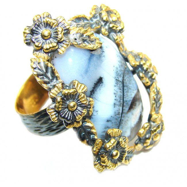 Secret AAA Dendritic Agate, Gold Plated, Rhodium Plated Sterling Silver Ring s. 8
