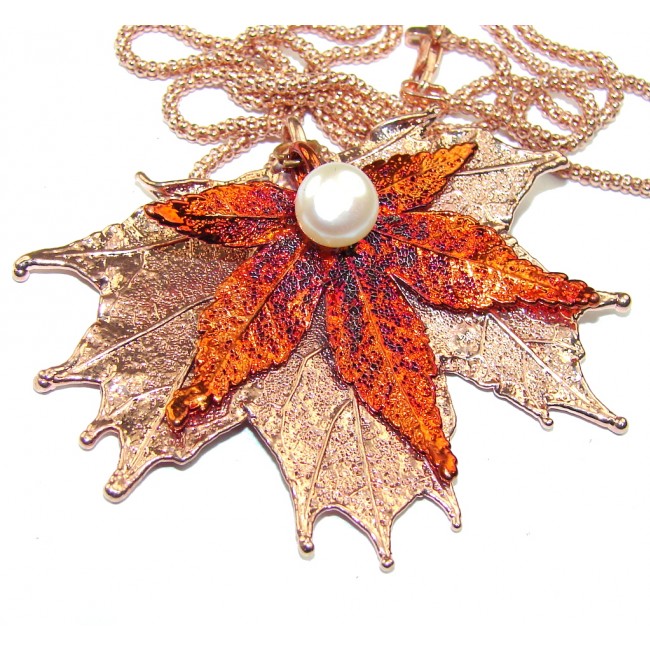 Stylish Leaf Deep In Copper & Fresh Water Pearl, Rose Gold Plated Sterling Silver necklace