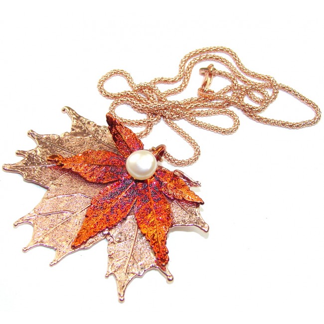 Stylish Leaf Deep In Copper & Fresh Water Pearl, Rose Gold Plated Sterling Silver necklace
