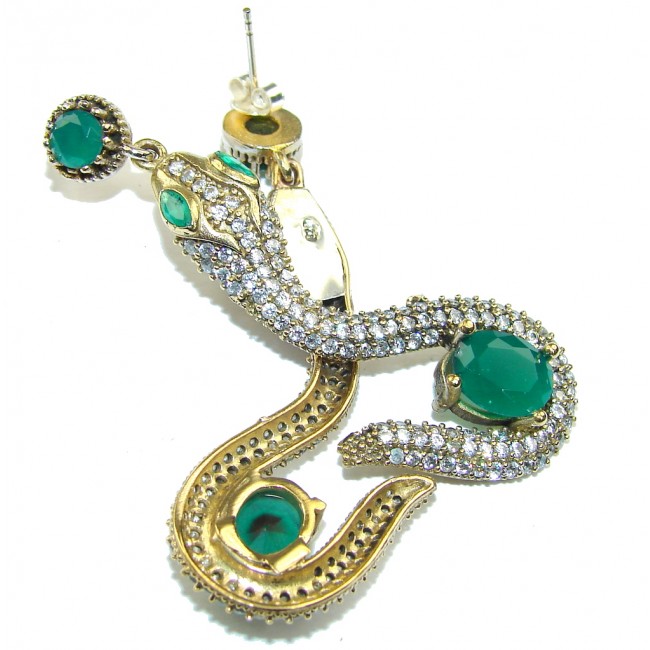 Victorian Style! Snakes Emerald & White Topaz Sterling Silver earrings
