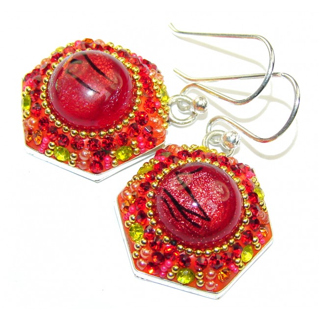 Handcrafted In Mexico Red Dichroic Glass Sterling Silver earrings