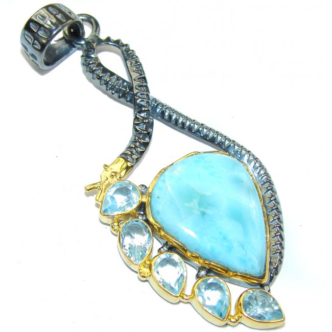 Genuine Blue Larimar, Gold Plated, Rhodium Plated Sterling Silver pendant