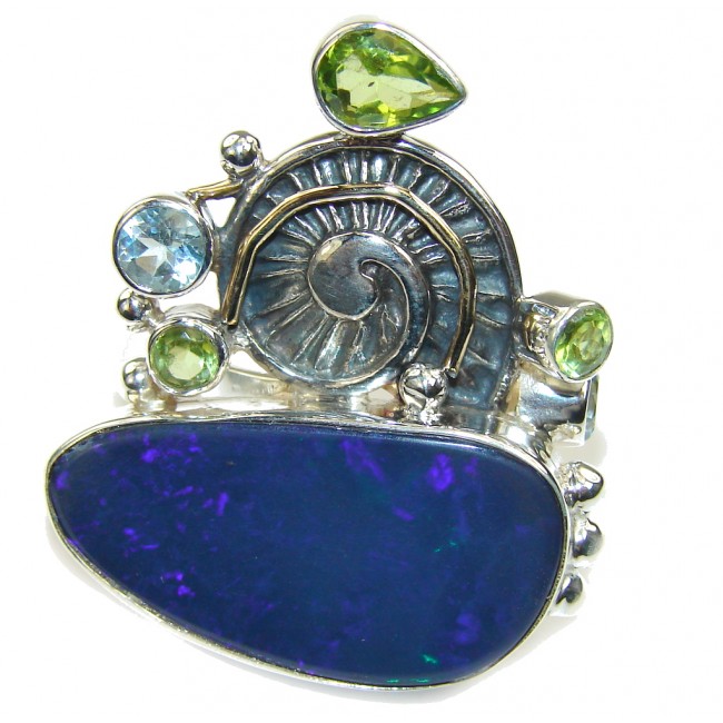 Huge! Secret Beauty Japanese Blue Fire Opal Sterling Silver ring s. 9