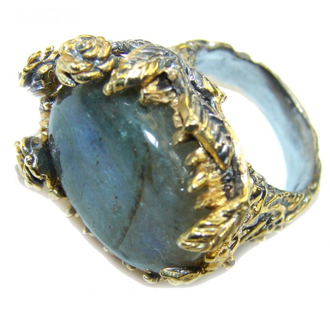 Floral Design AAA Labradorite, Rhodium Plated, Gold Plated Sterling Silver Ring s. 6 1/2